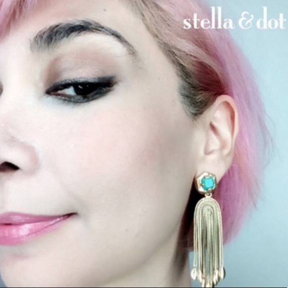 Stella & Dot | [V] Exotic Turquoise Blue+Gold Odeon Statement to Stud Earrings - Picture 9 of 11